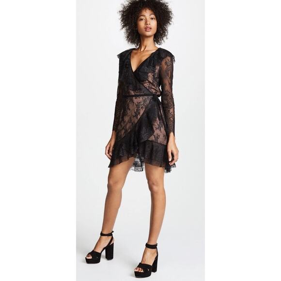 NWT For Love & Lemons Daphne Lace Wrap Mini Dress Black Nude Sheer Ruffle M - Picture 2 of 9